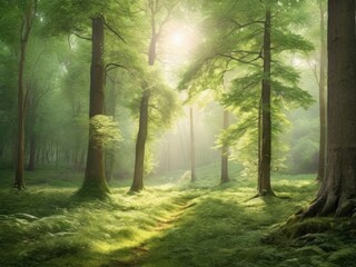 Obraz premium Sunlight in a green forest. Forest sunbeam. Ray of sunlight in forest green. Mossy forest sunbeam