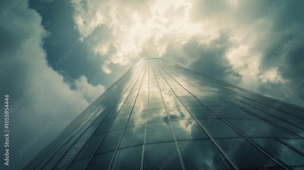 Poster A tall building with a cloudy sky in the background
