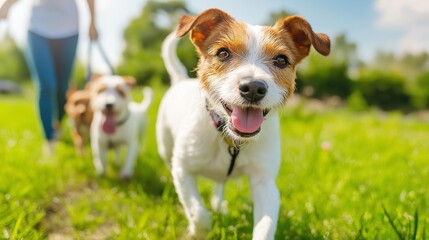 dog walker leading a group of happy dogs through a lush park on a sunny day