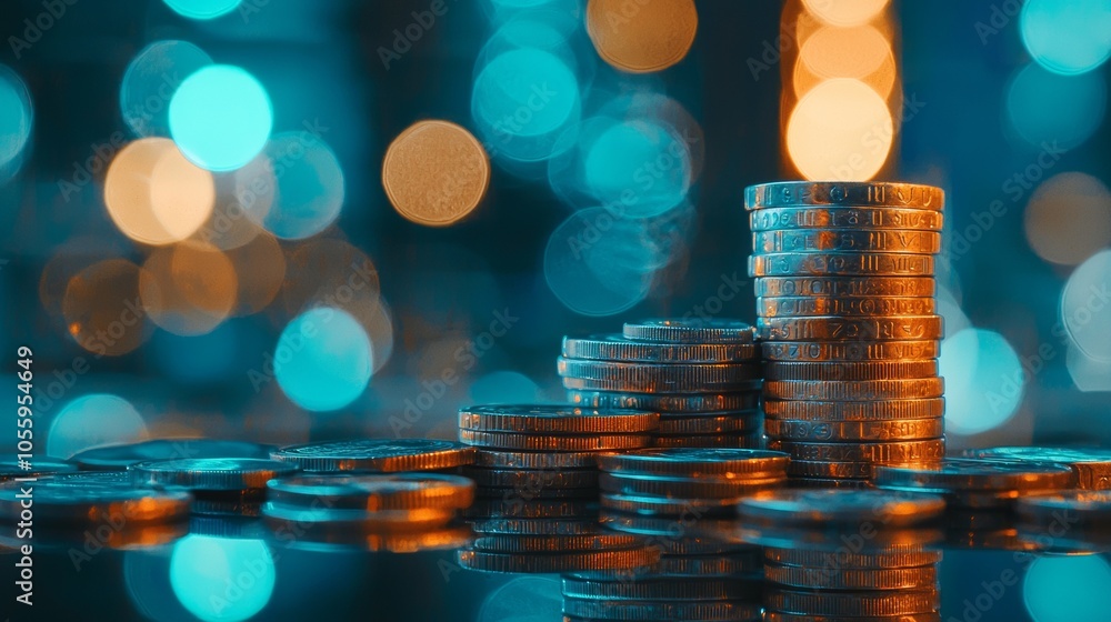 Poster stacks of coins in front of bokeh background symbolizing wealth