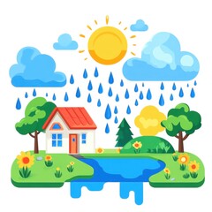 Colorful illustration of a house with sun, clouds, rain, trees, and a pond.