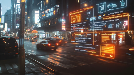Fototapeta premium modern city street illuminated at night with glowing digital holograms displaying information, enhancing the futuristic and high-tech urban atmosphere modern city street 