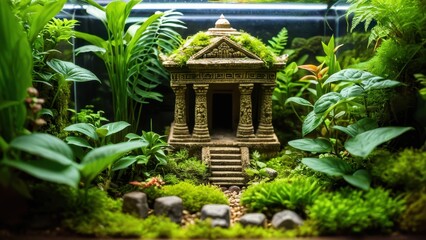 Obraz premium A detailed terrarium landscape featuring an ancient temple model nestled among vibrant green plants and moss, evoking a mystical forest ambiance.