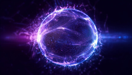 Obraz premium Neon energy sphere of particles and waves of magical glowing. Abstract round shape.