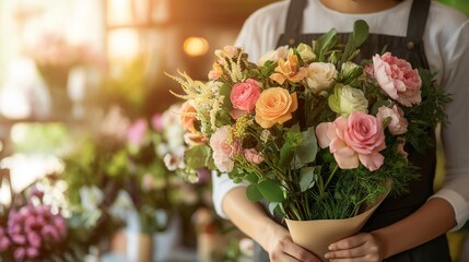 florist arranging a vibrant bouquet in a stylish, sunlit flower shop