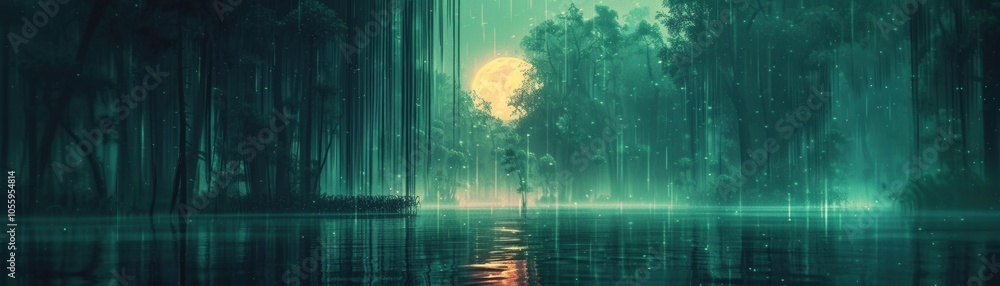 Poster a forest with a tree in the middle and a full moon in the background
