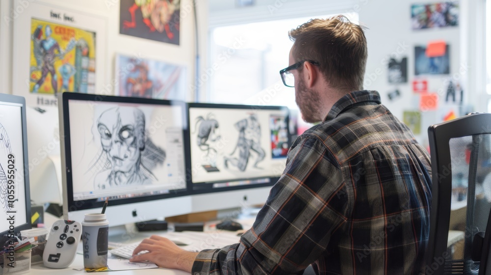 Fototapete Game Developer Designing Characters for New Video Game in Modern Tech Office
