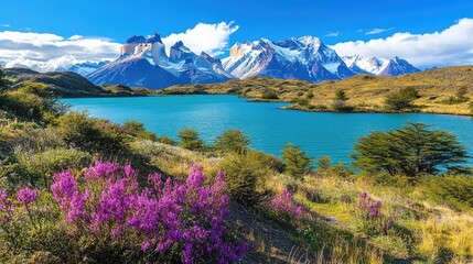 The iconic jagged peaks of Torres del Paine in Patagonia, Chile, rising above a tranquil lake with rugged terrain and clear skiese9d