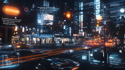 Obraz premium bustling city intersection at night with holographic data overlays and light trails, showcasing a futuristic smart city filled with digital information and analytics. ustling city intersection at nigh