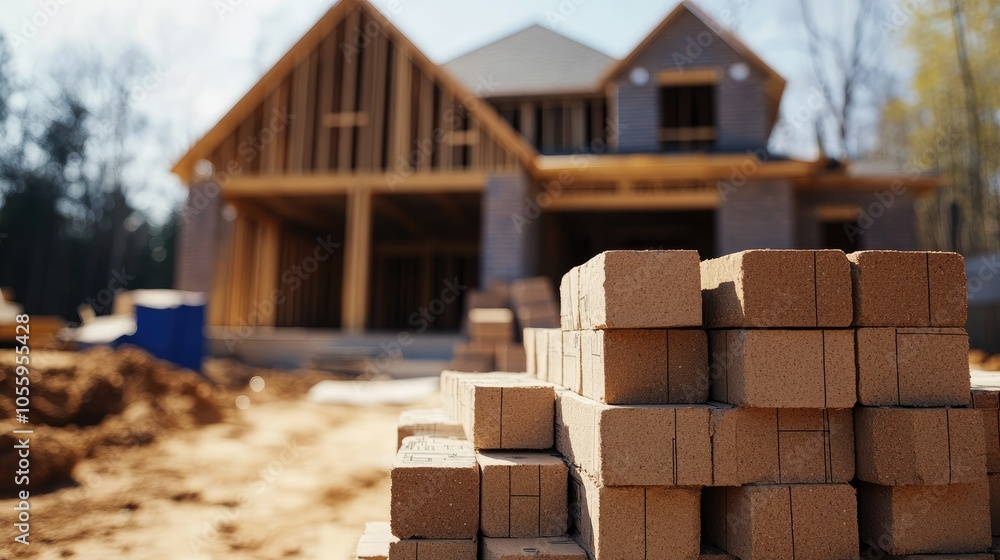 Poster stacks of bricks and blueprints in front of a house under construction, illustrating the building pr