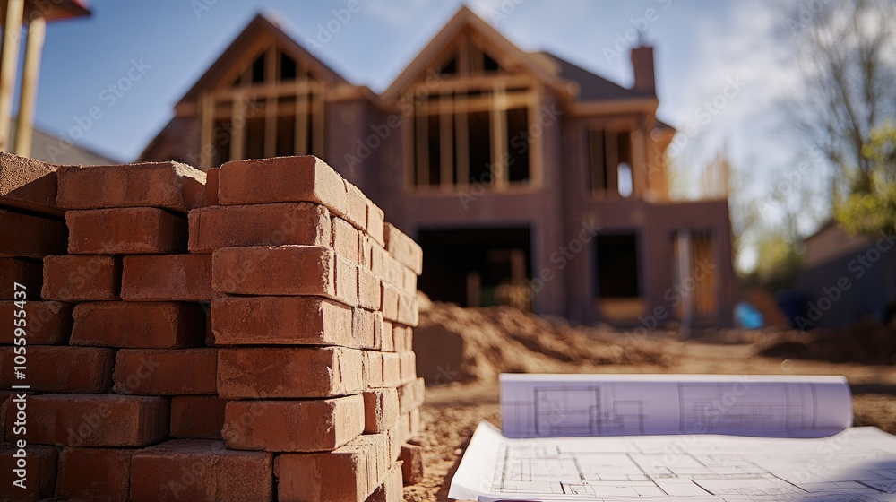 Poster stacks of bricks and blueprints in front of a house under construction, illustrating the building pr