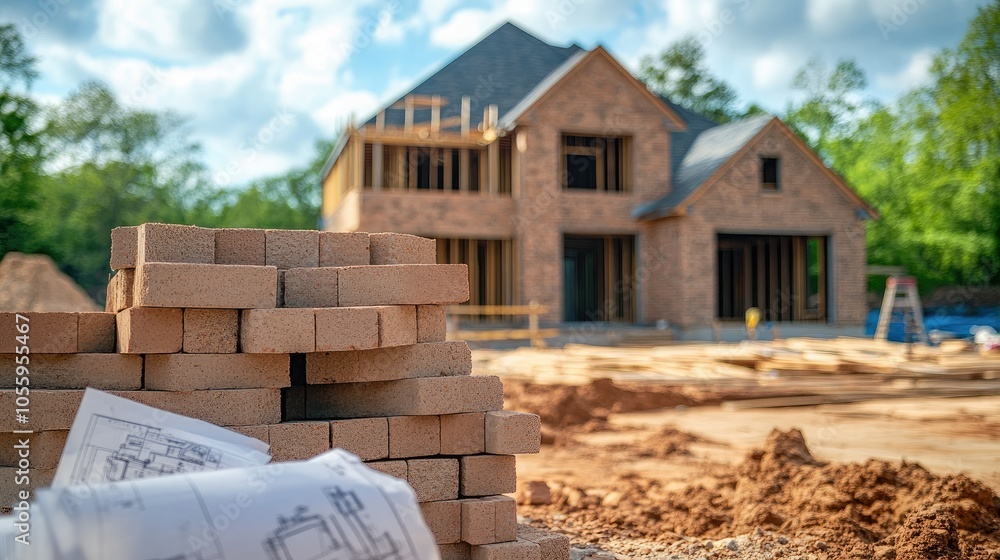 Poster stacks of bricks and blueprints in front of a house under construction, illustrating the building pr