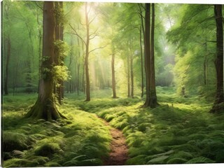 Fototapeta premium Sunlight in a green forest. Forest sunbeam. Ray of sunlight in forest green. Mossy forest sunbeam