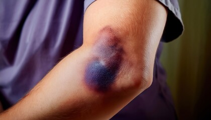 Fototapeta premium Close-up of a bruised elbow on a person's arm showing discoloration from an injury.
