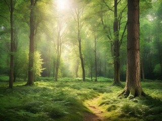 Obraz premium Sunlight in a green forest. Forest sunbeam. Ray of sunlight in forest green. Mossy forest sunbeam