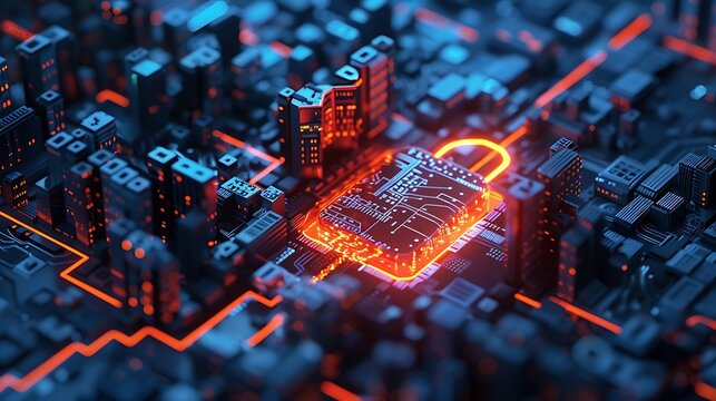 3D rendering showcasing the integration of circuit board padlock with binary code and cybersecurity technology for enhanced data privacy and network security. 
