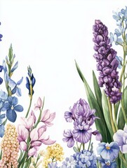 Fototapeta premium a watercolor of hyacinths, tulips, irises, and hydrangeas 