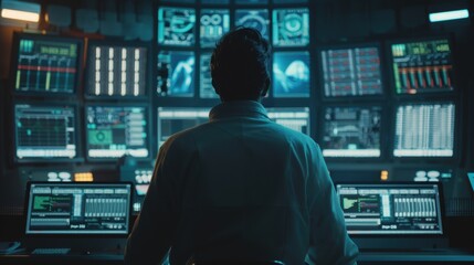 Futuristic IT Security Analyst in Control Room Monitoring Data Breaches with Multiple Screens