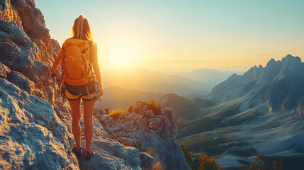 woman hiker stands on rocky mountain ledge, admiring breathtaking sunrise over scenic peaks and valleys, capturing spirit of adventure and exploration woman hiker stands on rocky mountain