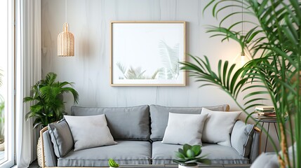 Modern Interior of Stylish Living Room ,Wall Mock Up, Frame , Poster with Beautiful Background, 3d render