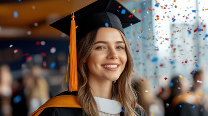 Graduation celebration with confetti, joyful graduate smiling brightly