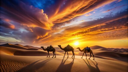 Sunset Camel Trekking in the Desert Dunes - Captivating Fashion Photography Scene