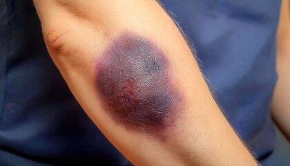 Fototapeta premium Close-up of a bruised arm showing various shades of purple and red due to an injury, isolated on a plain background.
