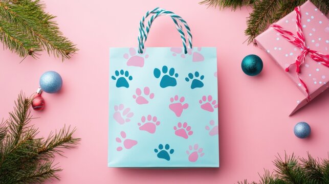A blue and pink bag with paw prints on it sits on a pink background