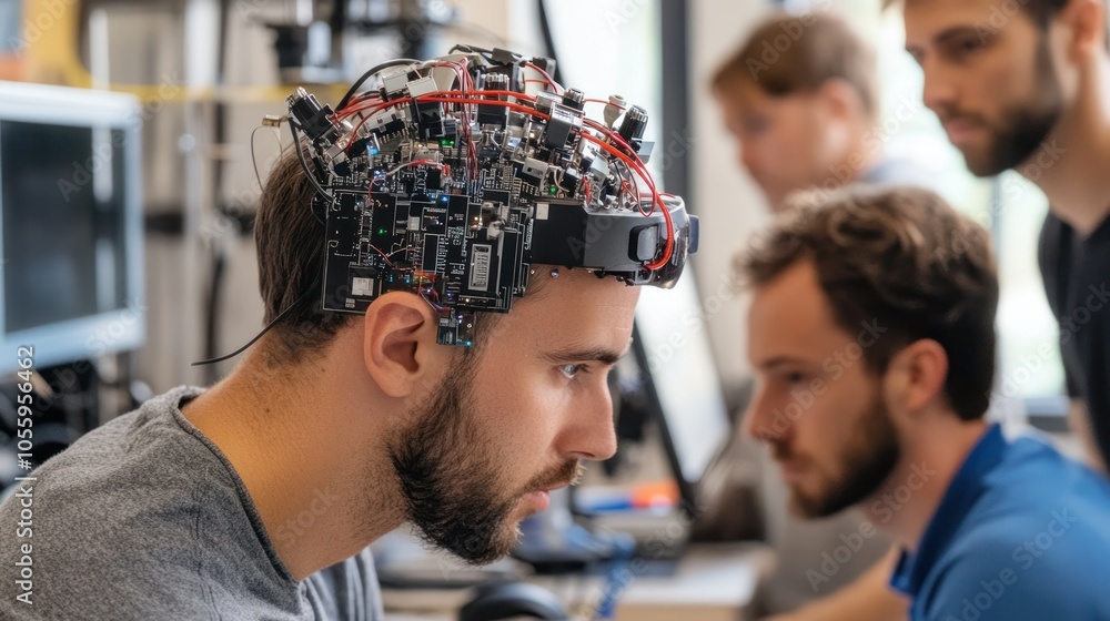 Poster Man Wearing a Device with Circuitry and Wires on His Head