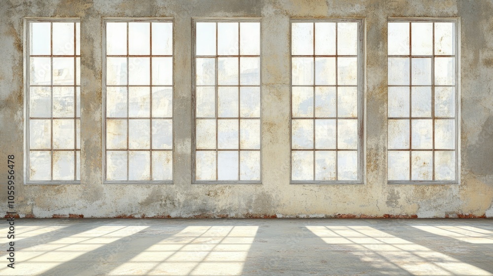Poster textured old wall with expansive panoramic windows, with clear space for adding text or graphics.