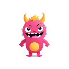 Fototapeta premium A pink monster with yellow horns, a big grin, and blue eyes.