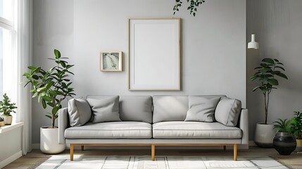 Naklejka premium Modern Interior of Stylish Living Room ,Wall Mock Up, Frame , Poster with Beautiful Background, 3d render