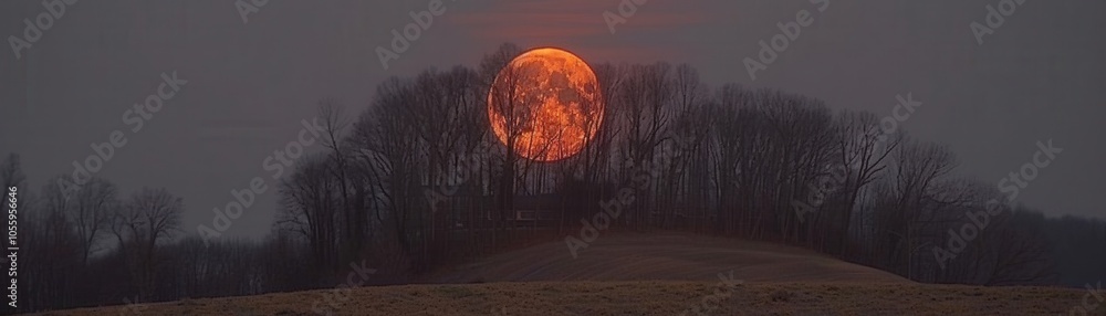Poster a large red moon is in the sky above a field of trees