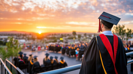 Silhouette of graduate at sunrise, celebrating achievement and hope