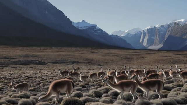Vast Landscape Snow Capped Mountains, Guanacos Lama Guanicoe In Torres Del Paine National Park, Patagonia, Chile