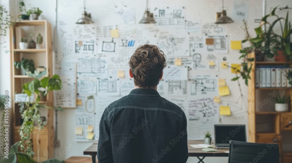 Aufkleber young software engineer analyzing project notes in a collaborative office space