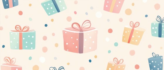 A colorful pattern of presents with bows on them