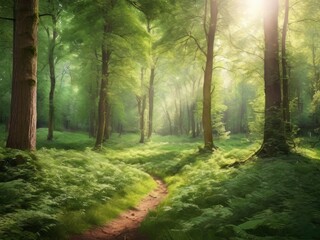 Obraz premium Sunlight in a green forest. Forest sunbeam. Ray of sunlight in forest green. Mossy forest sunbeam