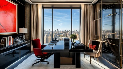 Elegant black study table in a high-end office with velvet chairs, modern art, and a large window...