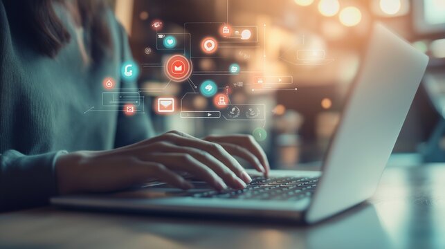 social media manager working on a laptop in a trendy co-working space with modern decor, vibrant lighting