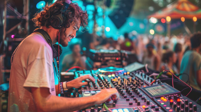 Sound Engineer Managing Live Music Festival with Vibrant Lights and Energetic Crowd