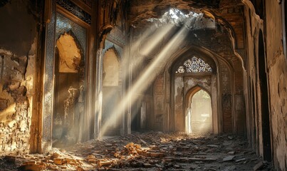 Naklejka premium Sunbeams illuminate a ruined, ornate building.