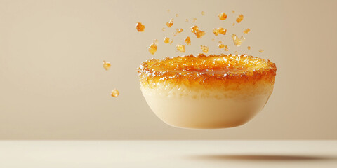 Flying creme brulee in the air against plain background
