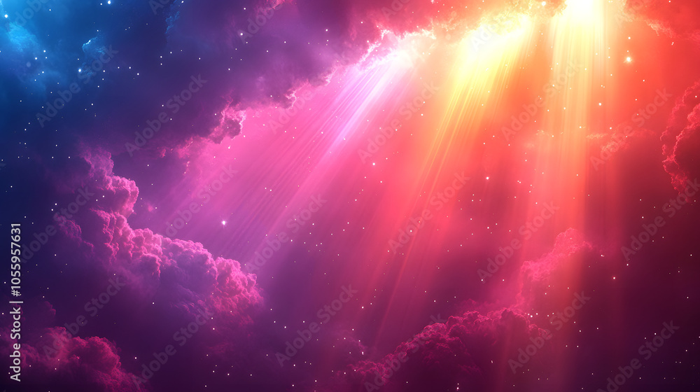 Wall mural stunning scene of colorful light beams breaking through clouds, creating celestial and dreamlike atm