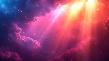 stunning scene of colorful light beams breaking through clouds, creating celestial and dreamlike atmosphere with hues of purple, pink, and yellow. light beams breaking through clouds