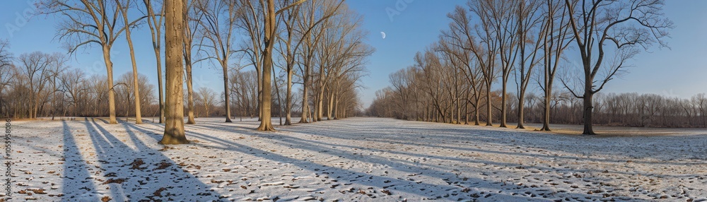 Poster a snowy field with trees in the background