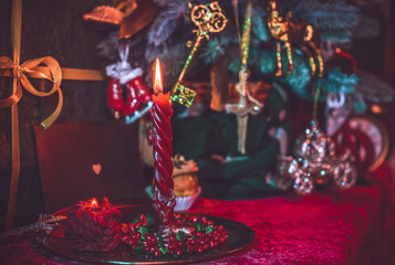 Cozy home decor, illustration of Christmas aesthetic, winter time concept, close up details