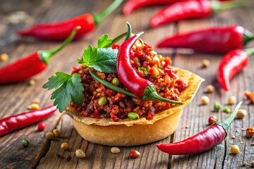 Reflected appetizing savory bite with chili flake and herb