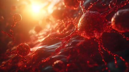 high-detail close-up of red cell structures with spiky extensions, illuminated by a warm light source, symbolizing microbiology, infection, or scientific research. red cell structures 