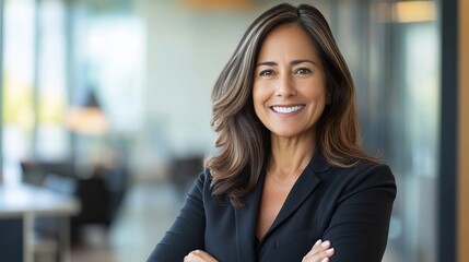 A stunning elderly Hispanic businesswoman smiles at the camera while crossing her arms. European or Latinized, self-assured, mature, attractive, middle-aged female businesswoman with at office